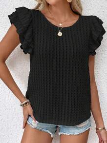 SHEIN LUNE Áo thun nữ Xù phân lớp Tranh thêu màu trơn Giải trí - màu đen - Xem 5