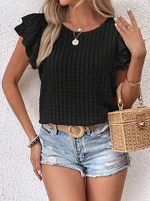 SHEIN LUNE Áo thun nữ Xù phân lớp Tranh thêu màu trơn Giải trí - màu đen - Xem 7