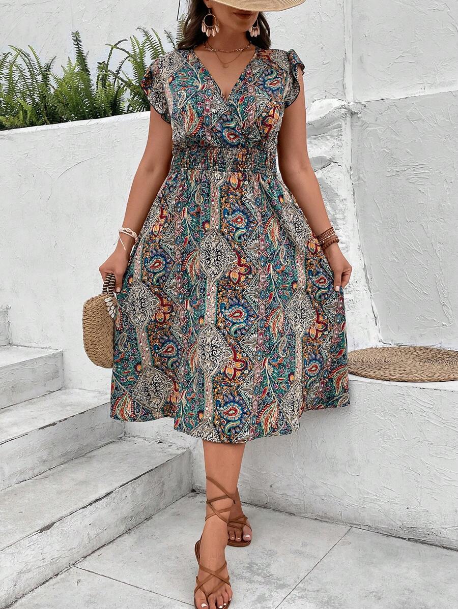 SHEIN VCAY Đầm Plus Size Xù Trọn gói Dải chun Bộ lạc Paisley Boho - Nhiều màu - Xem 1