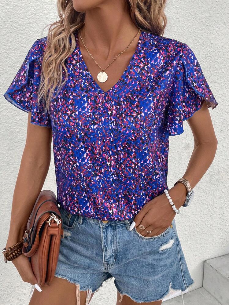 SHEIN LUNE Blouse Imprimé Manches Papillon - Multicolore - Voir 2