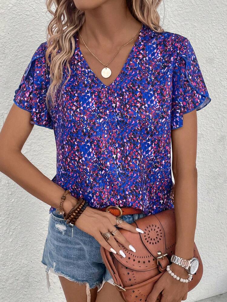 SHEIN LUNE Blouse Imprimé Manches Papillon - Multicolore - Voir 1
