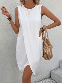 SHEIN LUNE Đầm Bất đối xứng Trọn gói màu trơn Giải trí - trắng - Xem 4