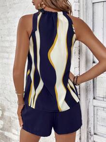 SHEIN Clasi 撞色掛脖上衣和紙袋腰附腰帶短褲 - 藏蓝色 - 查看 3