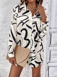 SHEIN LUNE Allover Print Drop Shoulder Shirt & Knot Front Shorts