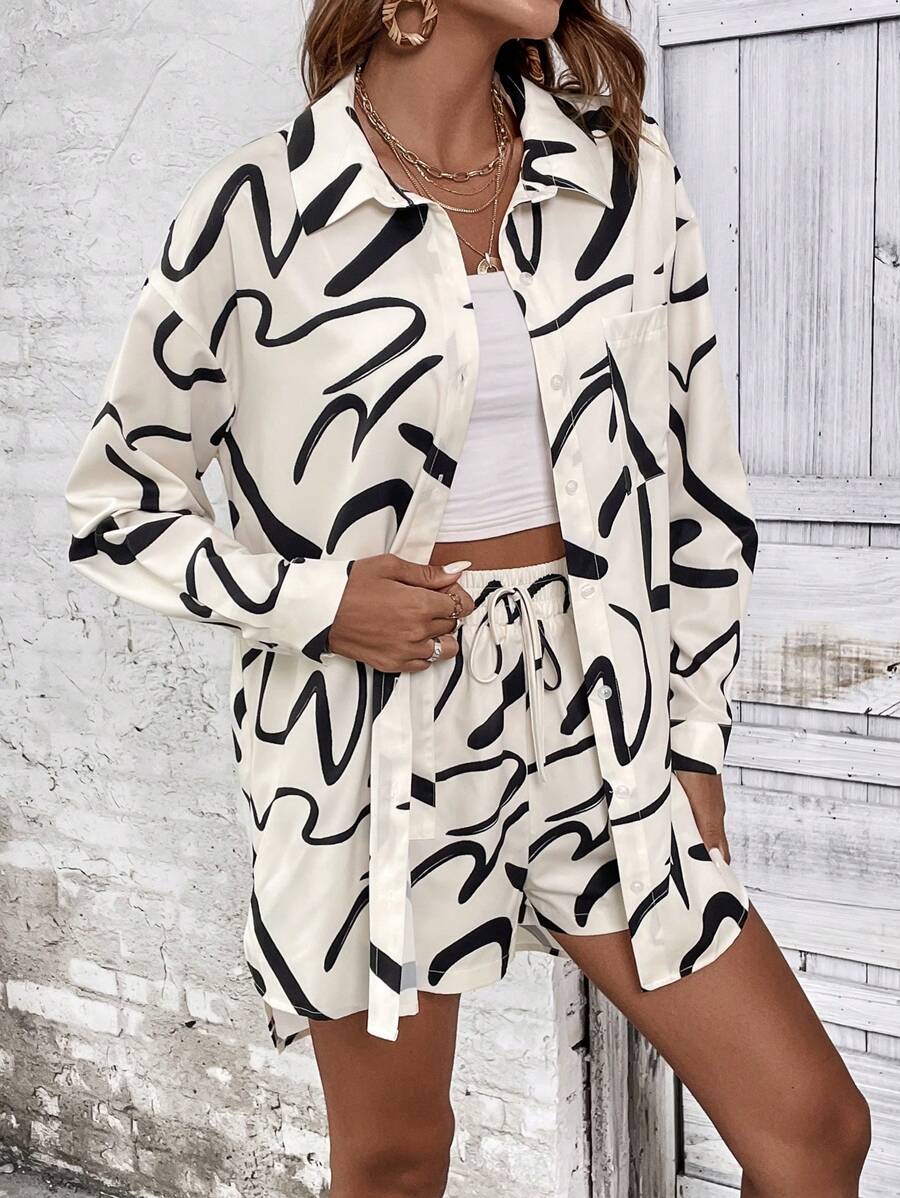 SHEIN LUNE Allover Print Drop Shoulder Shirt & Knot Front Shorts