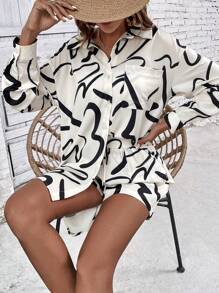 SHEIN LUNE Allover Print Drop Shoulder Shirt & Knot Front Shorts