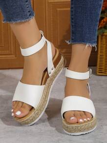 1 đôi sandal nữ đế dày thời trang có khóa cài, đế dày dệt chắc chắn tạo cảm giác thoải mái, phù hợp cho mùa hè, đi chơi và làm việc hàng ngày, sandal đế cao thời trang và tiện dụng, vật dụng cần thiết khi đi du lịch. - trắng - Xem 4