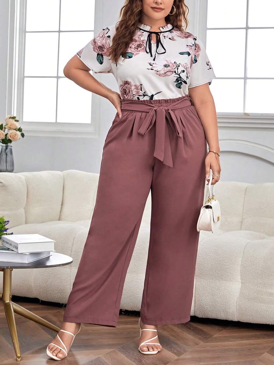 SHEIN Clasi 大碼印花繫帶領襯衫&腰帶闊腿褲 - 粉色 - 查看 1