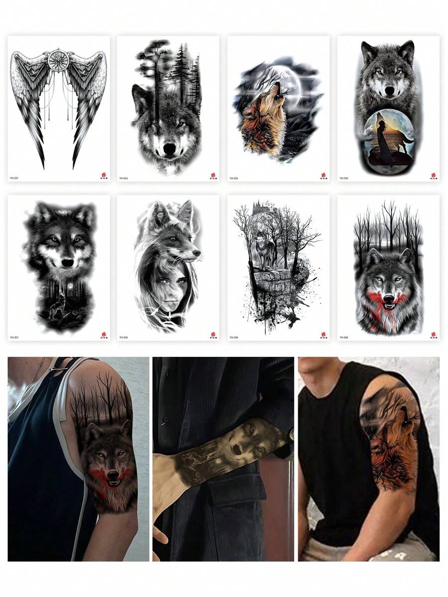 8sheets Wolf Pattern Tattoo Sticker - Multicolor - View 1