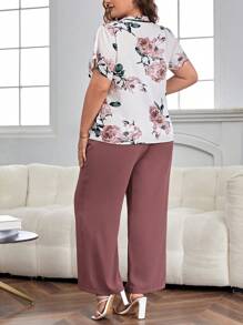 SHEIN Clasi 大碼印花繫帶領襯衫&腰帶闊腿褲 - 粉色 - 查看 2