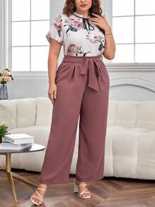 SHEIN Clasi 大碼印花繫帶領襯衫&腰帶闊腿褲 - 粉色 - 查看 3