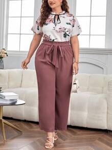 SHEIN Clasi 大碼印花繫帶領襯衫&腰帶闊腿褲 - 粉色 - 查看 5