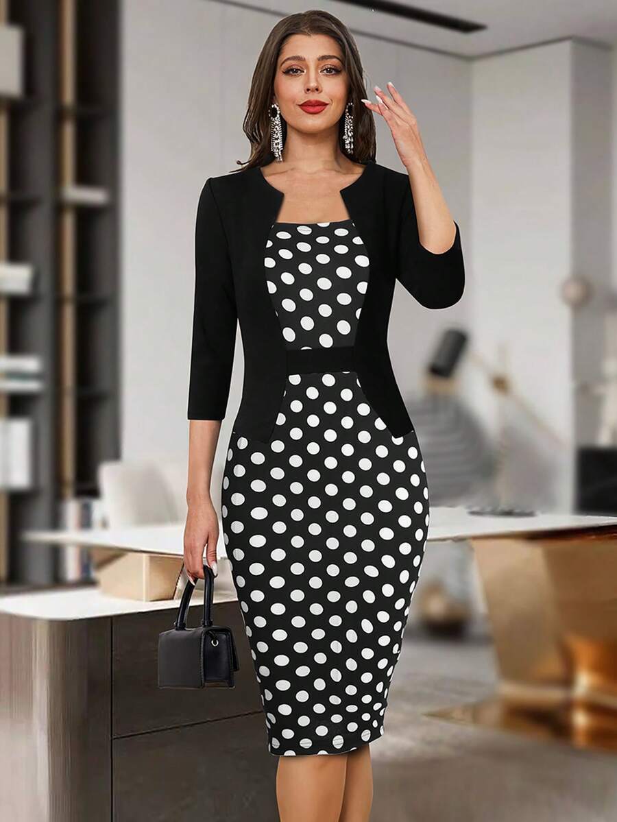 HOMEYEE Polka Dot Print 2 In 1 Bodycon Dress Work Dress - Black and White - View 1