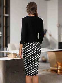 HOMEYEE Polka Dot Print 2 In 1 Bodycon Dress Work Dress - Black and White - View 2