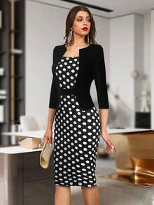 HOMEYEE Polka Dot Print 2 In 1 Bodycon Dress Work Dress - Black and White - View 3
