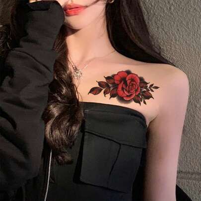 1 件情人节临时纹身贴纸，防水、防汗、可水洗、不反光、红色，迷人的临时纹身贴纸，适用于手臂和锁骨，适合时尚人士。