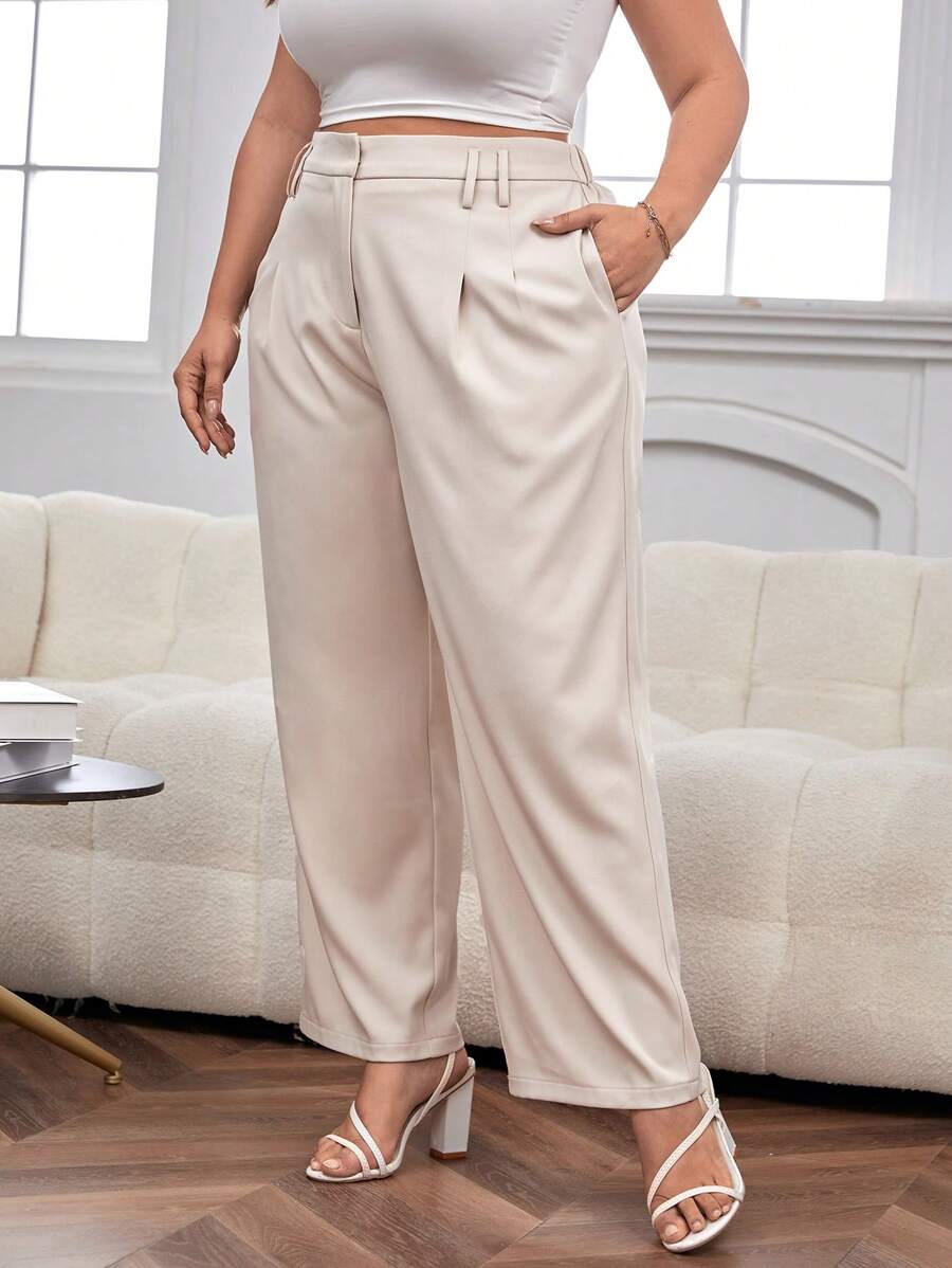 SHEIN Essnce 大碼高腰拼接細節闊腿西裝褲 - 杏色 - 查看 1