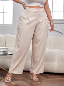 SHEIN Essnce 大碼高腰拼接細節闊腿西裝褲 - 杏色 - 查看 3