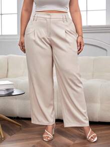 SHEIN Essnce 大碼高腰拼接細節闊腿西裝褲 - 杏色 - 查看 5