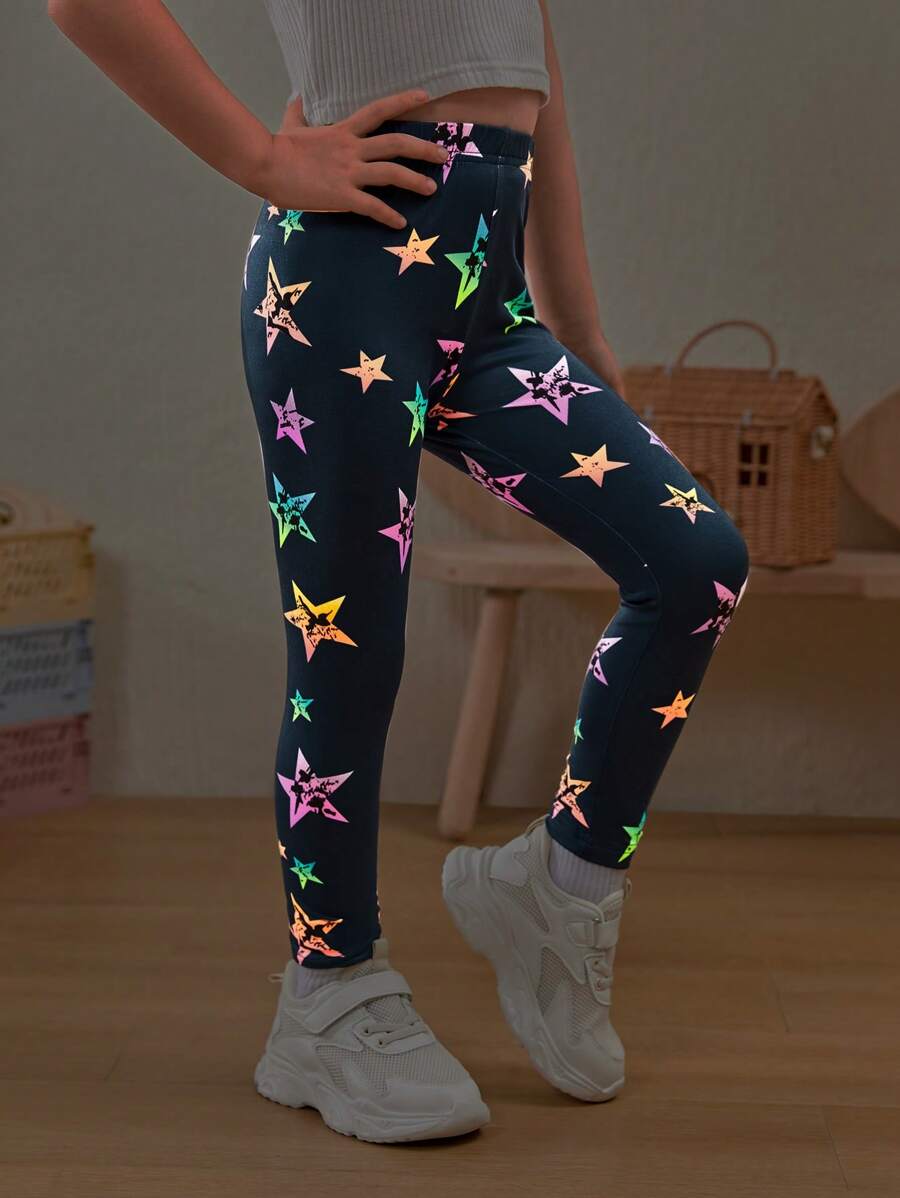 SHEIN 少女可愛夜光星印花緊身褲 - 寶藍色 - 查看 1