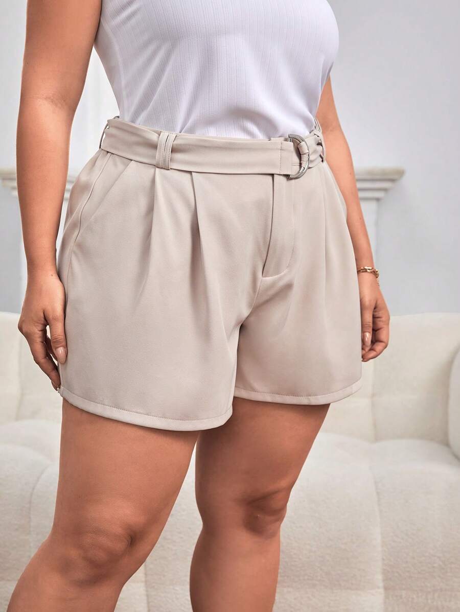 SHEIN Essnce Plus Plicated Detail Belted Shorts - Khaki - View 1