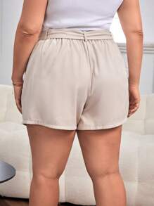 SHEIN Essnce Plus Plicated Detail Belted Shorts - Khaki - View 2
