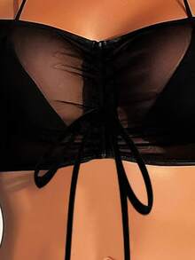 前部抽绳露肩罩衫，适合夏季海滩度假 - 黑色 - 查看 3