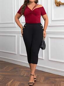 SHEIN Privé 大碼前扭結不對稱領T恤 - 酒紅色 - 查看 6