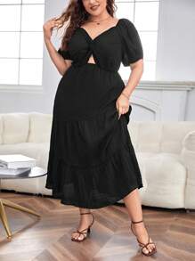 SHEIN Privé Plus Twist Front Cut Out Ruffle Hem Dress - Black - View 1