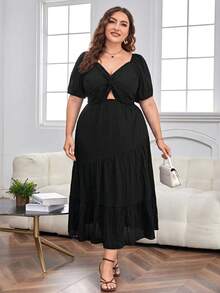 SHEIN Privé Plus Twist Front Cut Out Ruffle Hem Dress - Black - View 4