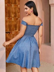 Váy denim hở vai dễ thương giản dị thời trang mùa hè - Rửa trung bình - Xem 2