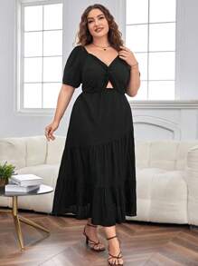 SHEIN Privé Plus Twist Front Cut Out Ruffle Hem Dress - Black - View 5