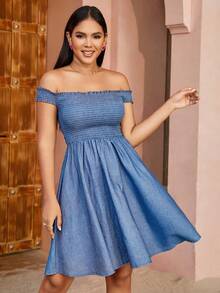 Váy denim hở vai dễ thương giản dị thời trang mùa hè - Rửa trung bình - Xem 6