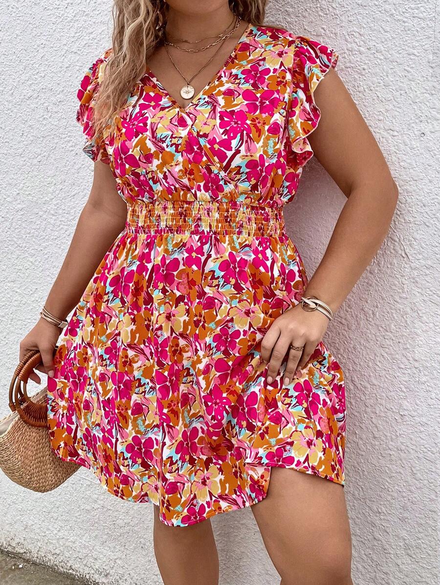 SHEIN VCAY Talla grande Vestido con estampado floral ribete con fruncido - Rojo - Ver 1