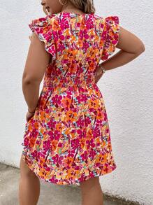 SHEIN VCAY Talla grande Vestido con estampado floral ribete con fruncido - Rojo - Ver 2