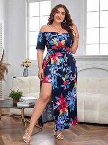 SHEIN Unity Đầm Plus Size Thắt nút Trọn gói Tách cao Hoa Boho - Màu xanh hải quân - Xem 1
