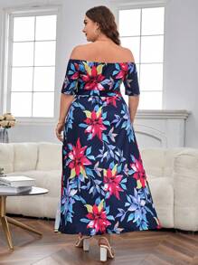 SHEIN Unity Đầm Plus Size Thắt nút Trọn gói Tách cao Hoa Boho - Màu xanh hải quân - Xem 2