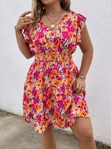 SHEIN VCAY Talla grande Vestido con estampado floral ribete con fruncido - Rojo - Ver 3