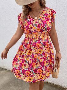 SHEIN VCAY Talla grande Vestido con estampado floral ribete con fruncido - Rojo - Ver 4