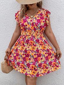 SHEIN VCAY Talla grande Vestido con estampado floral ribete con fruncido - Rojo - Ver 5