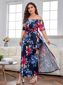 SHEIN Unity Đầm Plus Size Thắt nút Trọn gói Tách cao Hoa Boho - Màu xanh hải quân - Xem 5