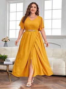SHEIN Clasi Đầm Plus Size Thêu Hoa Giải trí - Màu vàng - Xem 5