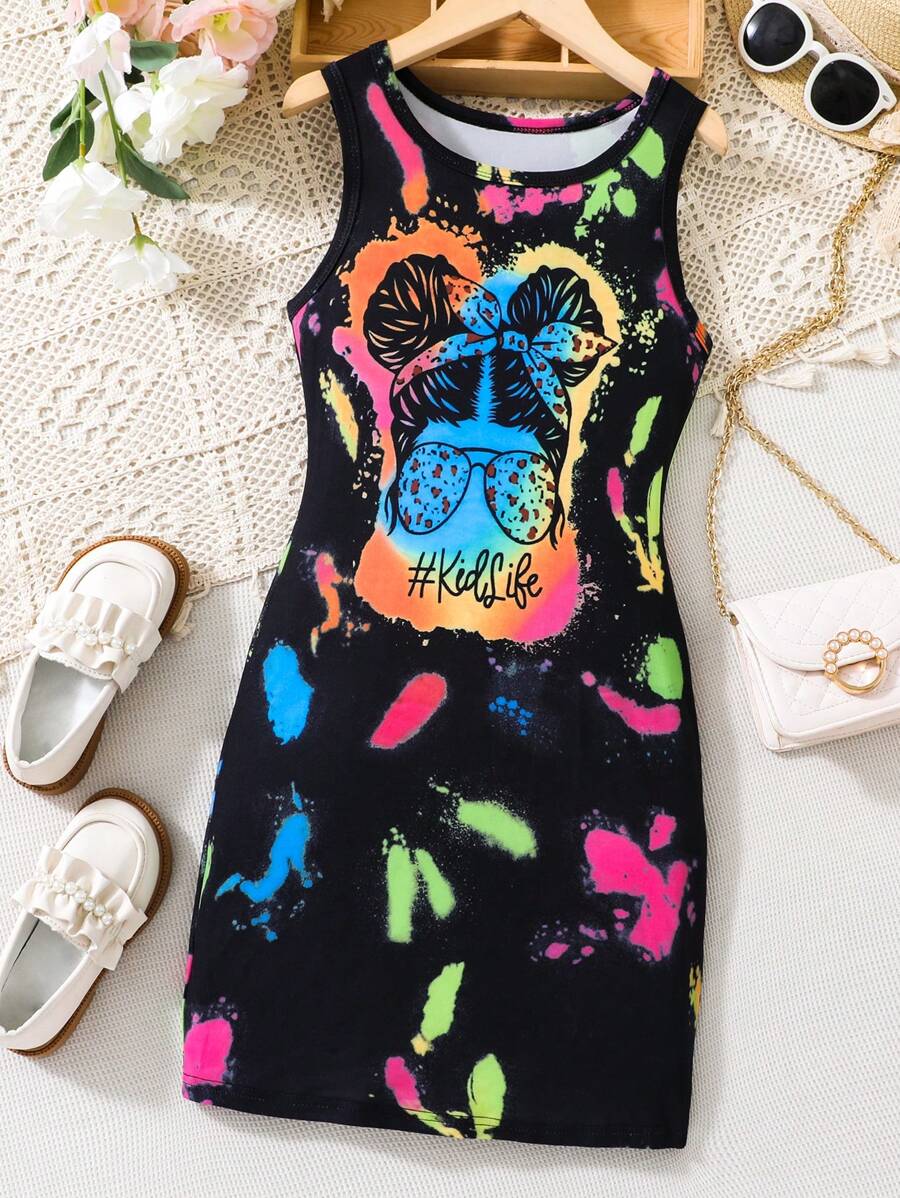 Tween Girl Figure & Letter Graphic Tank Dress - Black - View 1