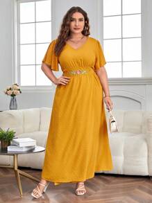 SHEIN Clasi Đầm Plus Size Thêu Hoa Giải trí - Màu vàng - Xem 1