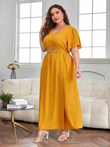 SHEIN Clasi Đầm Plus Size Thêu Hoa Giải trí - Màu vàng - Xem 3