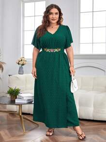 SHEIN Clasi Plus Swiss Dot Butterfly Sleeve Dress - Dark Green - View 1