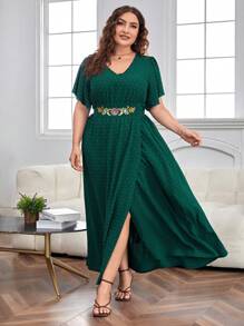 SHEIN Clasi Plus Swiss Dot Butterfly Sleeve Dress - Dark Green - View 3