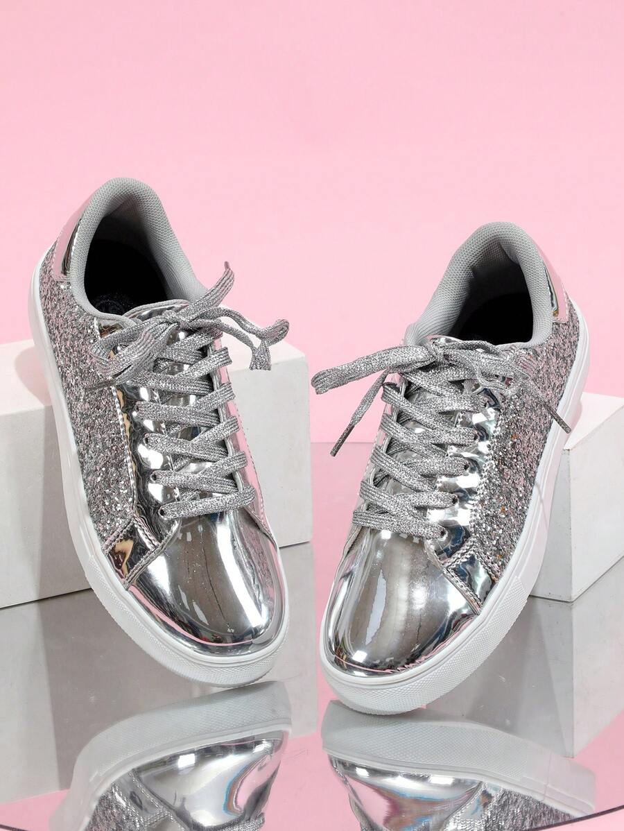 Sporty Sneakers For Women, Metallic Glitter Lace-up Front Skate Shoes - Silver - View 1