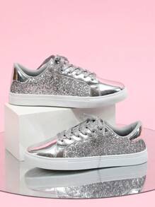 Sporty Sneakers For Women, Metallic Glitter Lace-up Front Skate Shoes - Silver - View 2