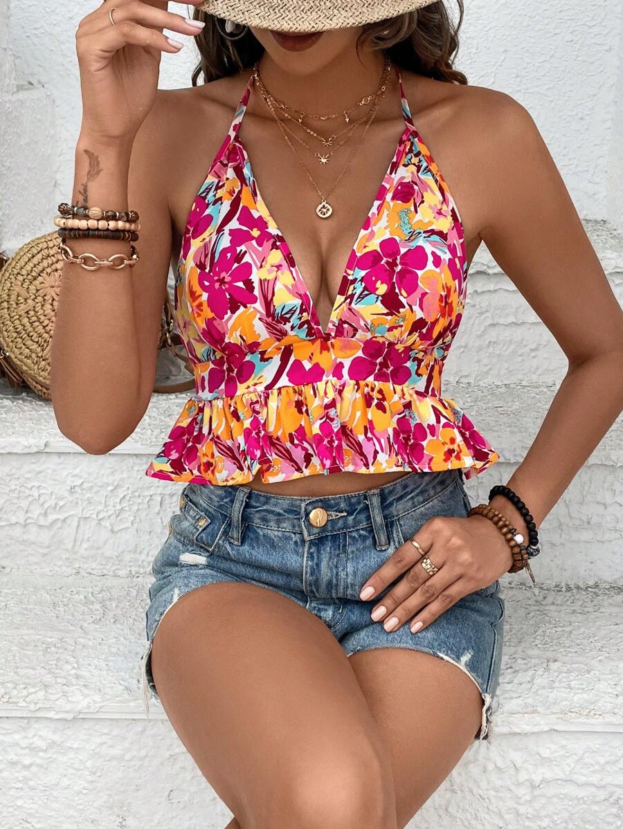 SHEIN VCAY Áo khoác và áo lót dành cho xe tăng nữ Lộ Lưng Viên lá sen Buộc lại Hoa Tất cả trên in Boho - Hồng - Xem 1